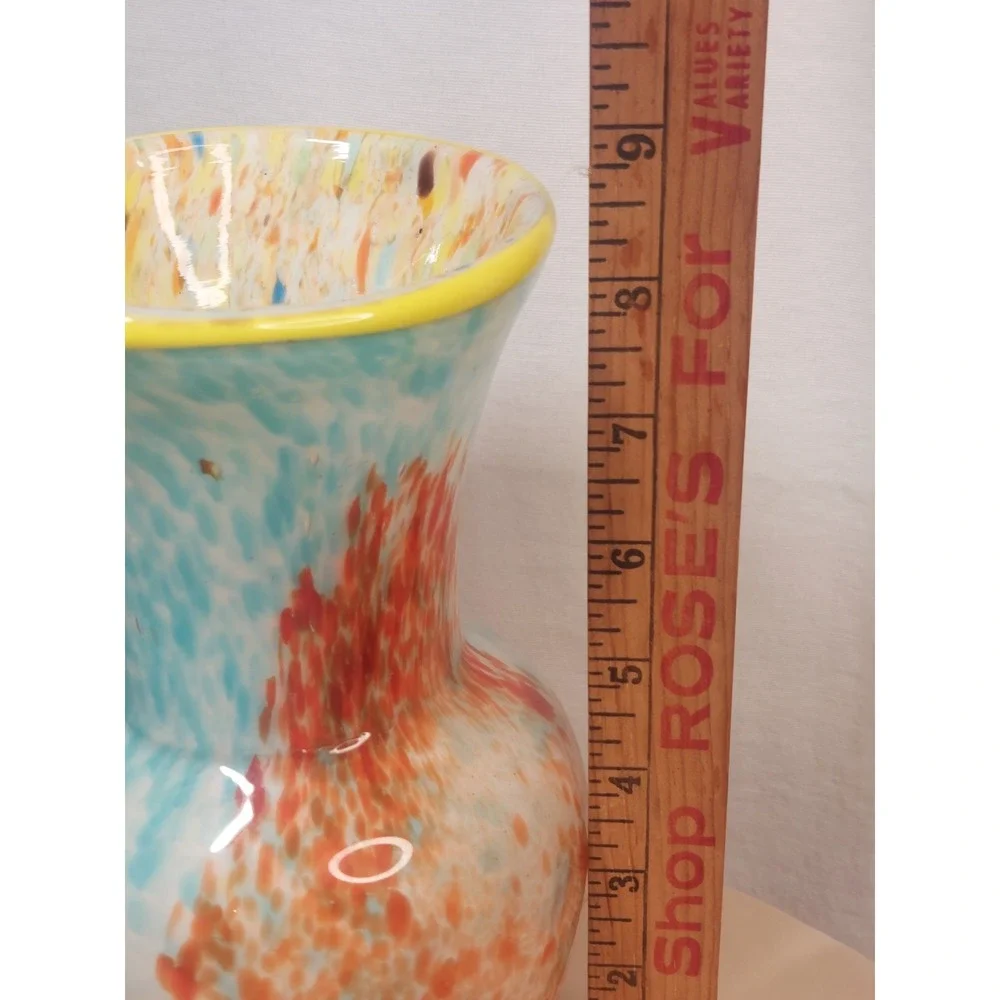 Hand Blown Studio Art Glass Vase Confetti Interior Turquoise Yellow Rim Modern